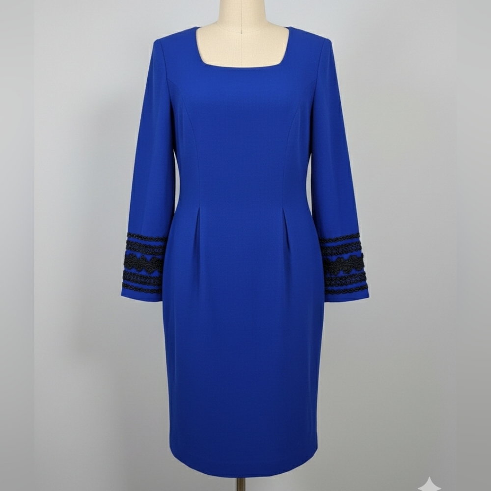 Vintage‎ Maggy London Blue Long-Sleeve Dress Elegant Black Trim Woman 4